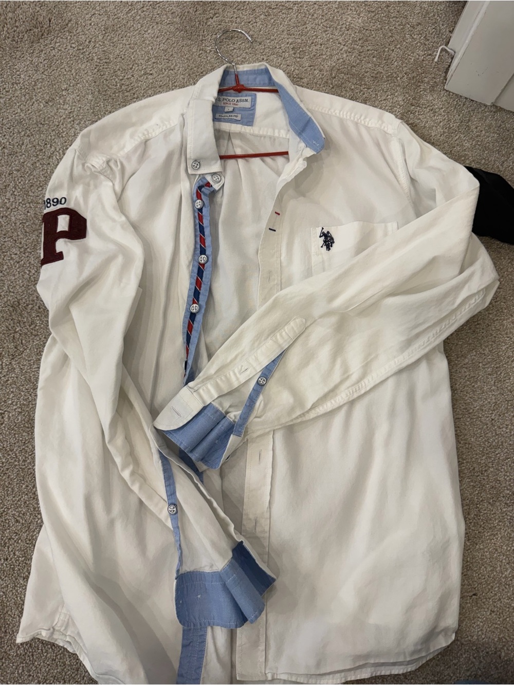 US Polo White Button-Up Shirt with Blue Trim